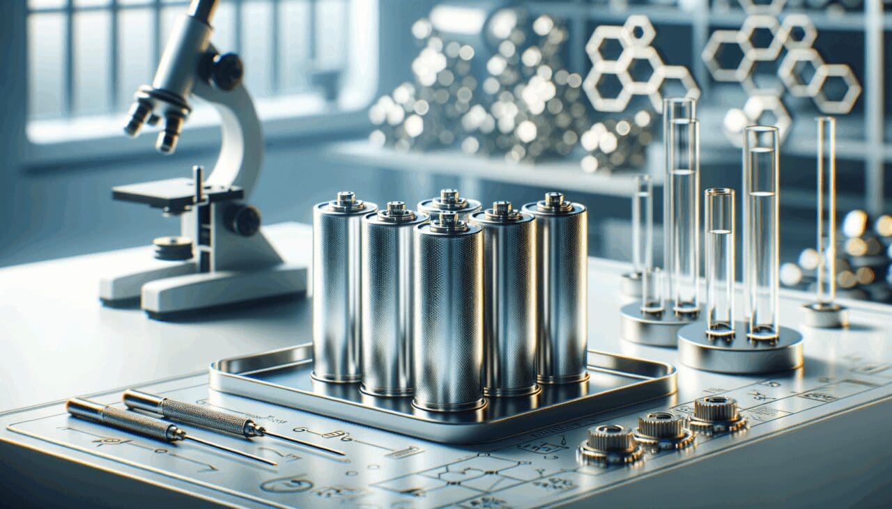 Primer plano de baterías de litio en laboratorio con instrumentos científicos de fondo, ambiente moderno e innovador.