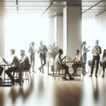 Emprendedores colaborando en un moderno espacio de coworking.