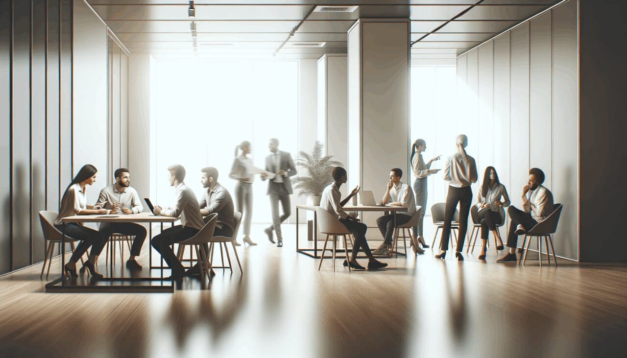 Emprendedores colaborando en un moderno espacio de coworking.