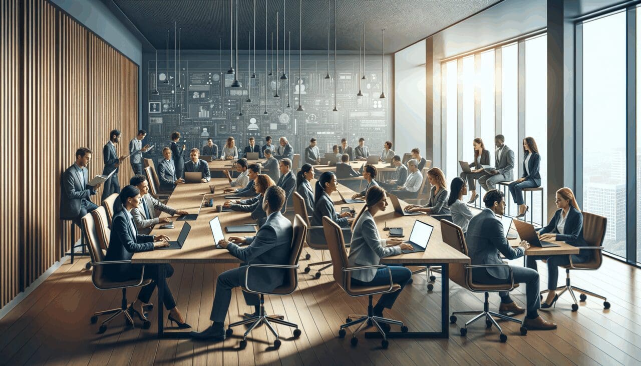 Sala de reuniones moderna llena de emprendedores colaborando en laptops, ambiente innovador y tecnológico.