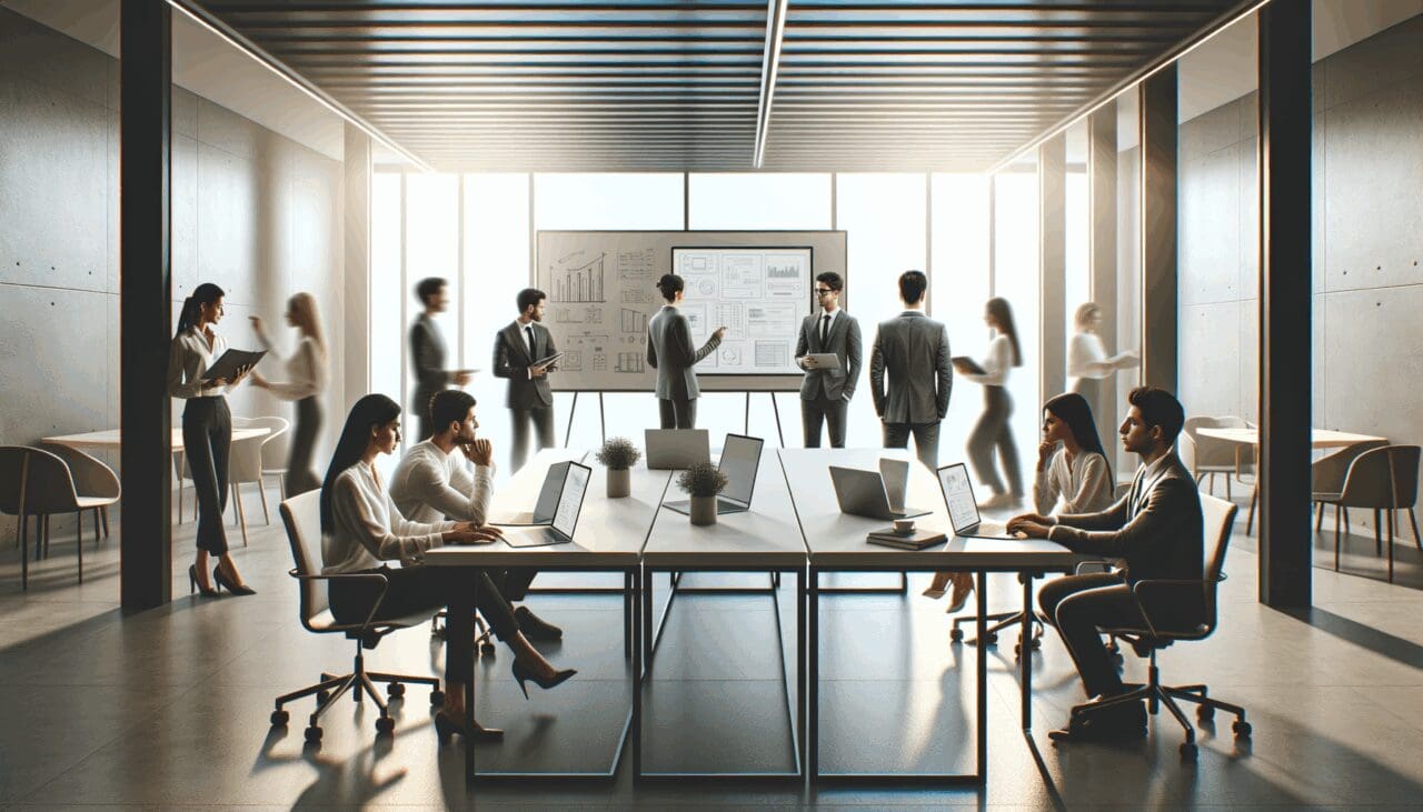 Emprendedores reunidos en un espacio de coworking moderno, laptops y pizarras digitales en primer plano.