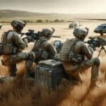 Soldados operando con equipos tecnológicos avanzados en un campo abierto