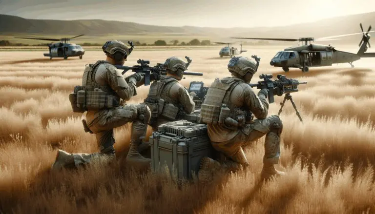 Soldados operando con equipos tecnológicos avanzados en un campo abierto
