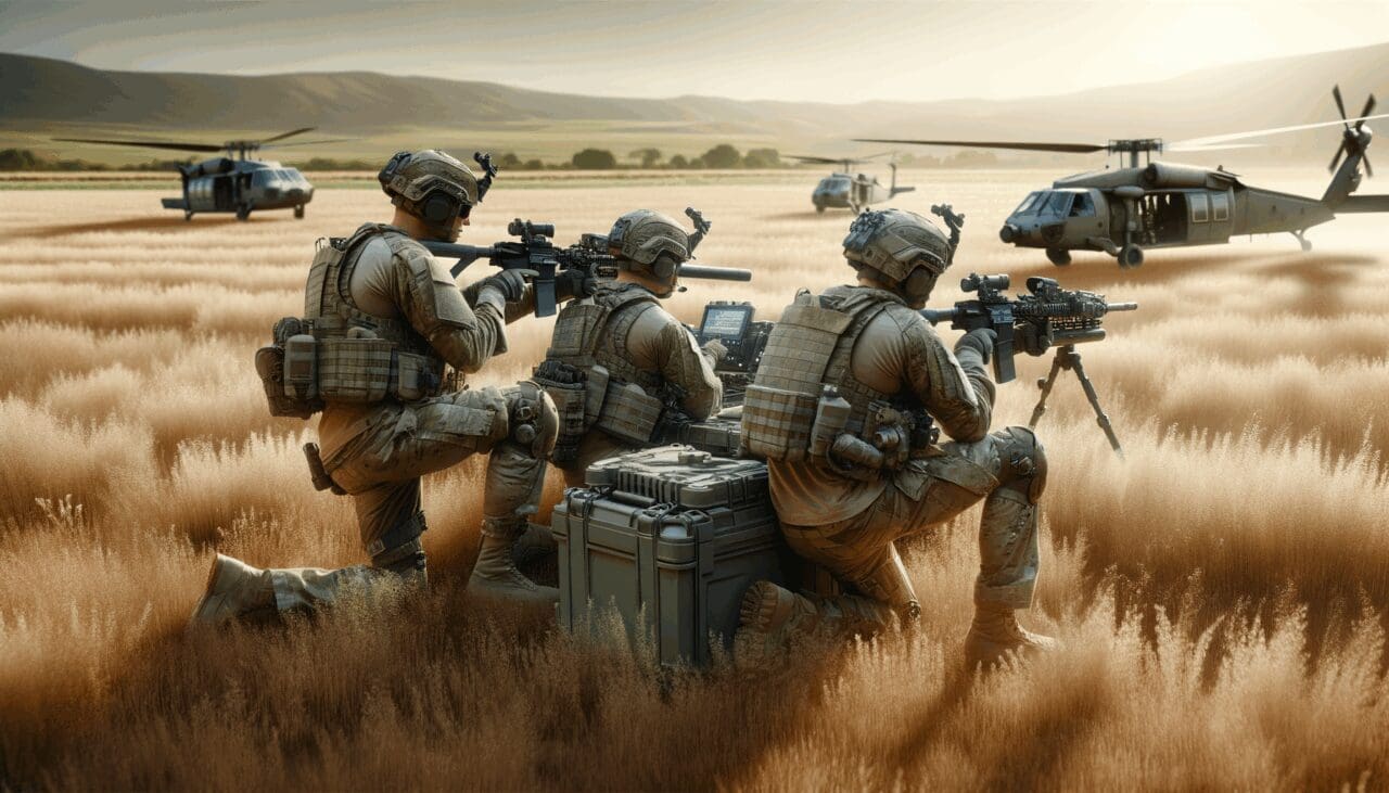 Soldados operando con equipos tecnológicos avanzados en un campo abierto