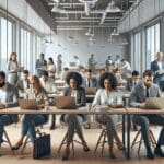 Oficinas de coworking llenas de emprendedores trabajando sobre computadoras portátiles.