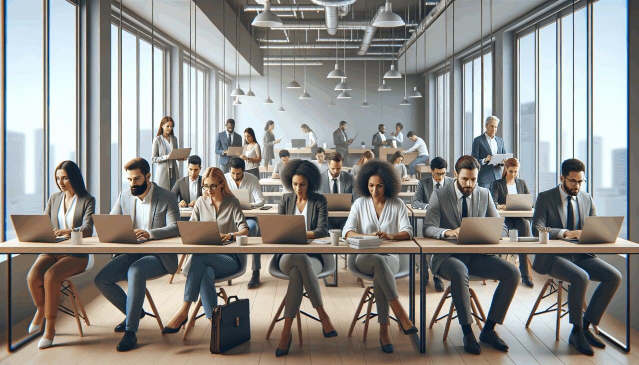 Oficinas de coworking llenas de emprendedores trabajando sobre computadoras portátiles.