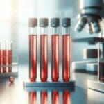 Primer plano de tubos de ensayo con líquido rojo en un laboratorio moderno de biotecnología.