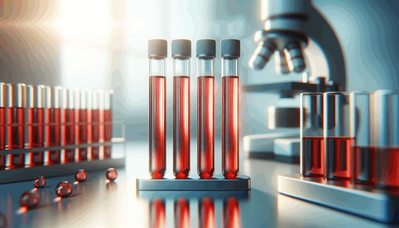 Primer plano de tubos de ensayo con líquido rojo en un laboratorio moderno de biotecnología.