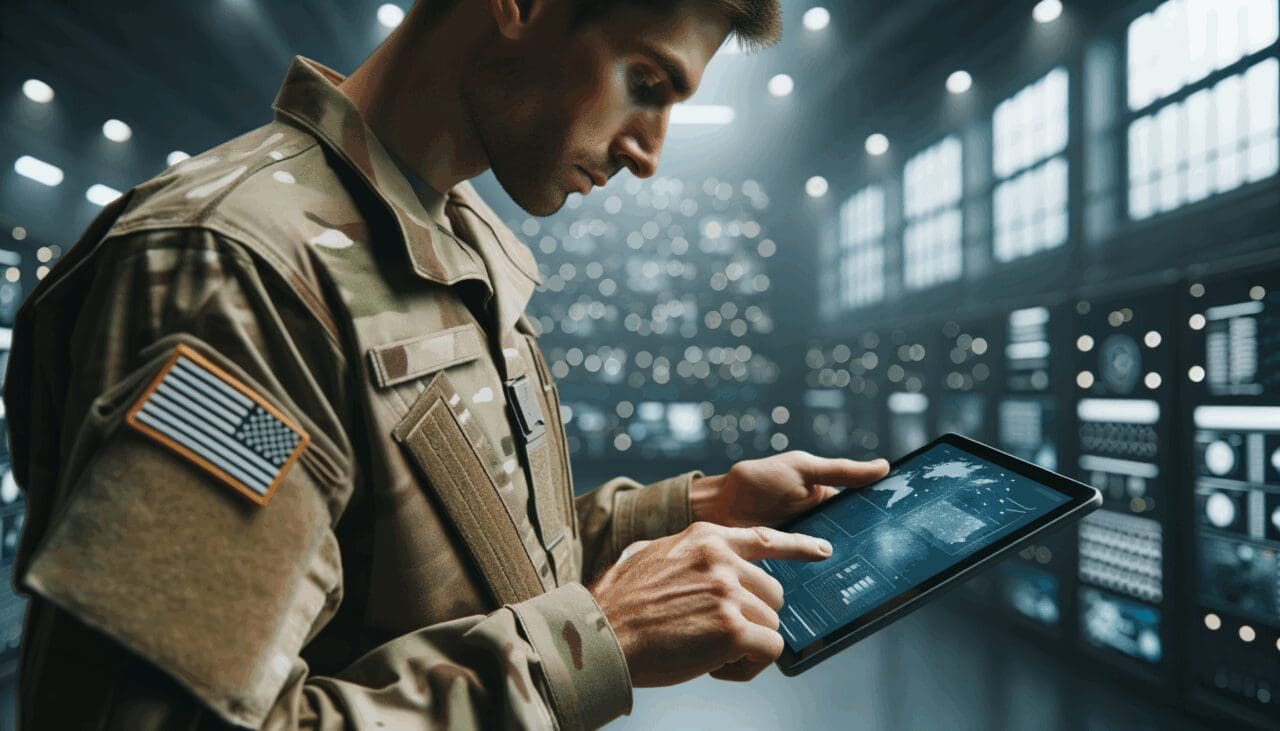 Primer plano de soldado revisando datos en una tableta digital, con fondo borroso tecnológico y militar.
