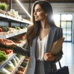 Emprendedora joven en un mercado moderno, revisando productos frescos en estanterías, luz natural.