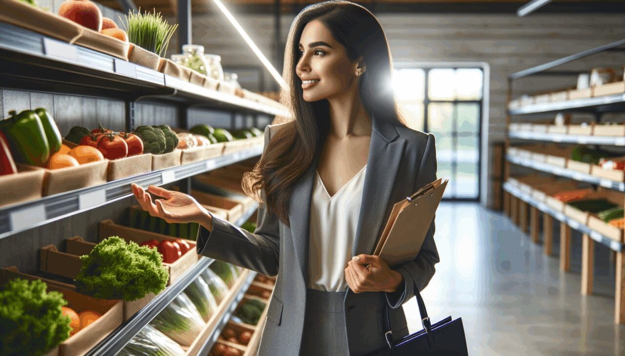 Emprendedora joven en un mercado moderno, revisando productos frescos en estanterías, luz natural.