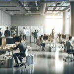 Oficinas modernas con emprendedores reunidos trabajando sobre ordenadores y pizarras, ambiente tecnológico y colaborativo.