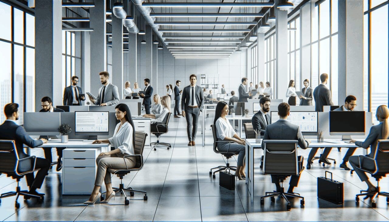 Oficina corporativa moderna con personas trabajando y tecnología visible en espacios colaborativos.
