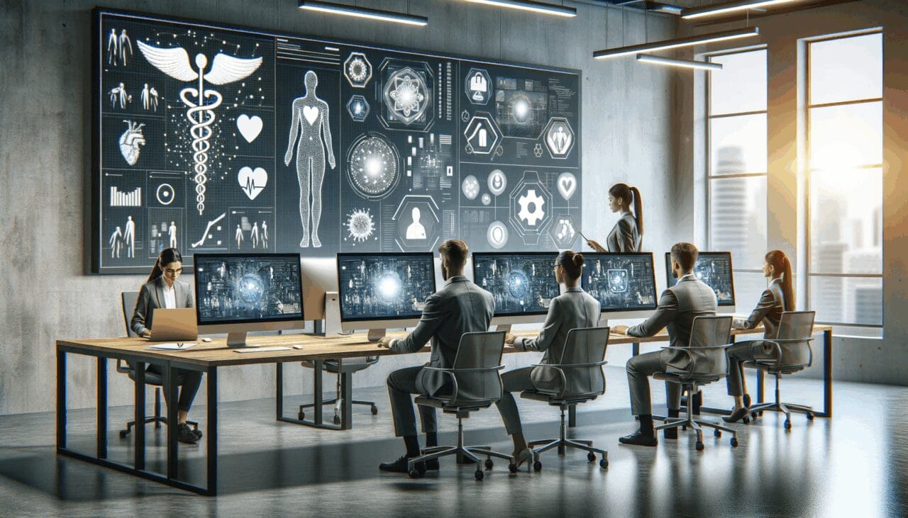 Equipo profesional en una sala de coworking con computadoras y pantallas mostrando soluciones tecnológicas de salud.
