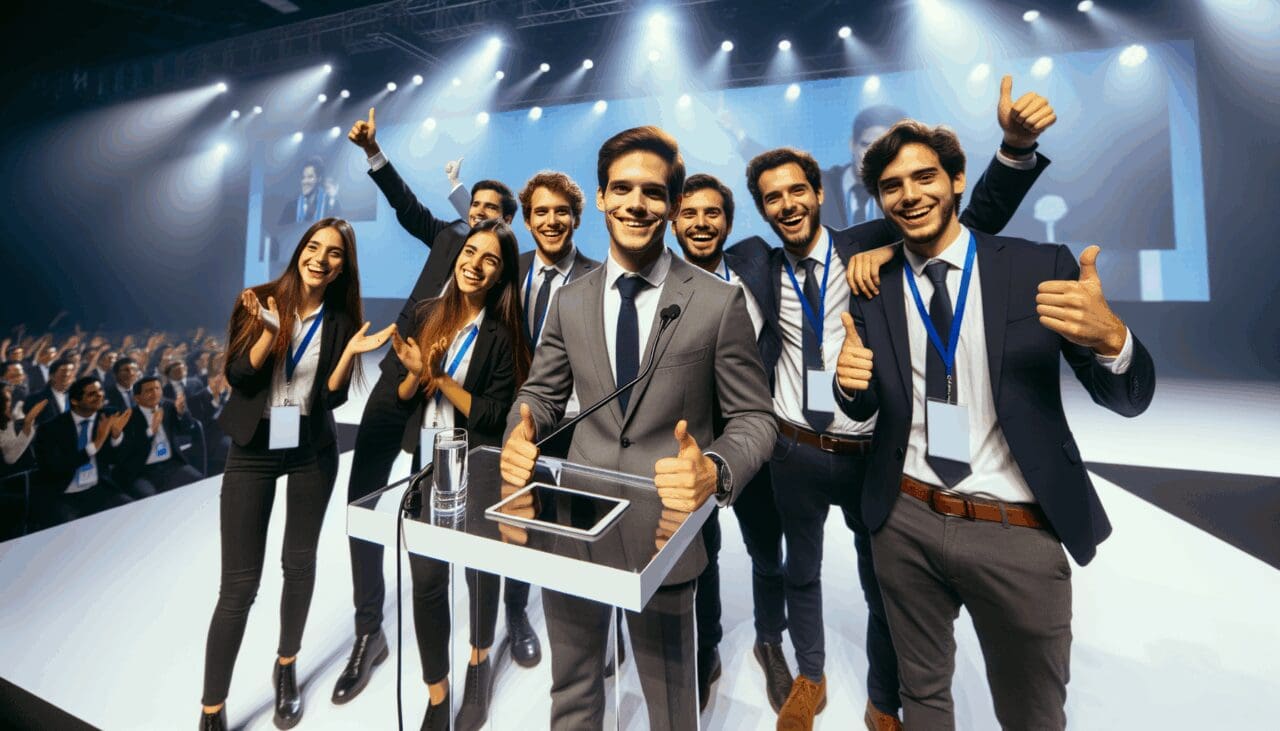 Retrato empresarial de un equipo joven celebrando en un escenario de premiación de eventos tecnológicos en Latinoamérica.