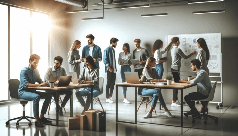 Grupo de jóvenes emprendedores colaborando en un espacio de coworking moderno, con laptops y pizarras.
