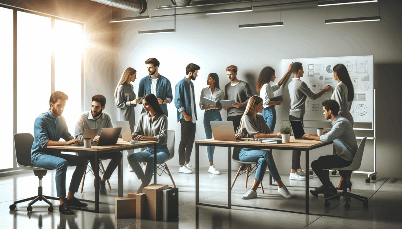 Grupo de jóvenes emprendedores colaborando en un espacio de coworking moderno, con laptops y pizarras.