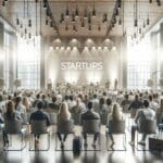 Auditorio lleno durante una conferencia sobre startups en un moderno salón de eventos