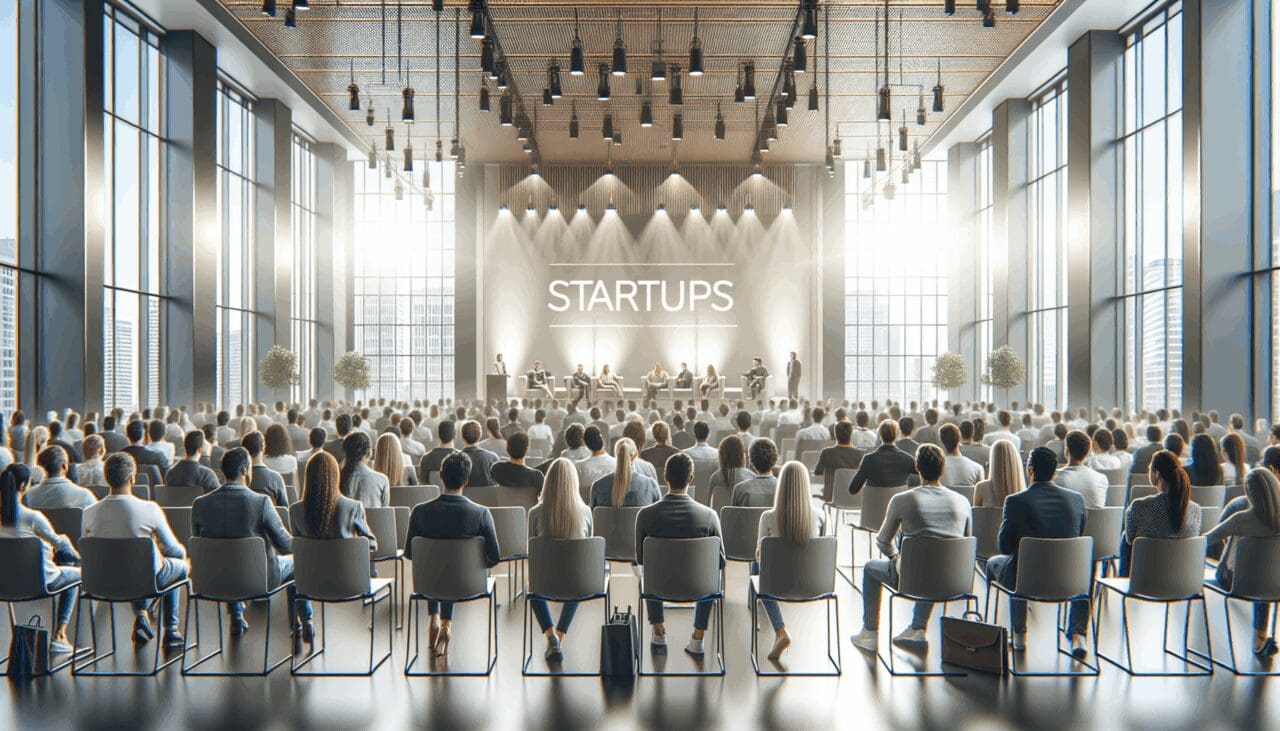 Auditorio lleno durante una conferencia sobre startups en un moderno salón de eventos