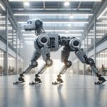 Robot cuadrúpedo avanzado caminando en un entorno industrial moderno con fondo desenfocado.