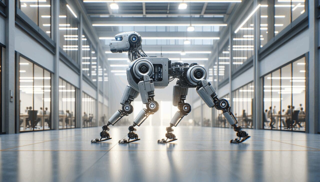 Robot cuadrúpedo avanzado caminando en un entorno industrial moderno con fondo desenfocado.