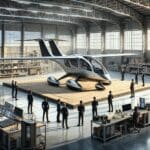 Hangar moderno con un prototipo de vehículo aéreo eléctrico y personal técnico evaluando el diseño.