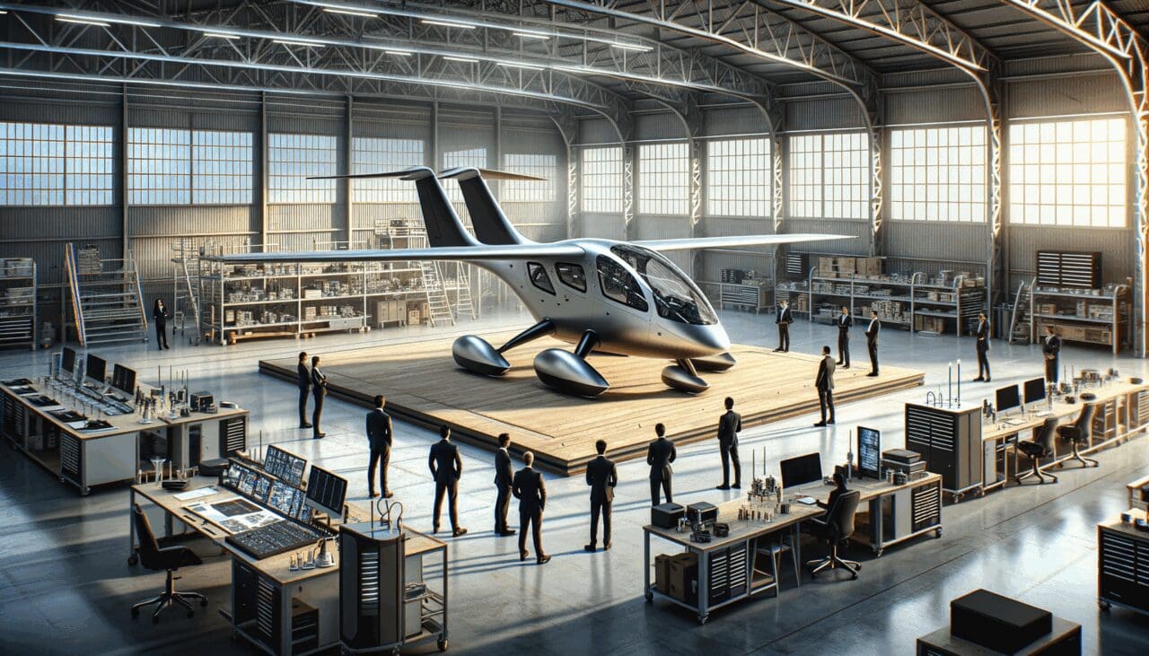 Hangar moderno con un prototipo de vehículo aéreo eléctrico y personal técnico evaluando el diseño.