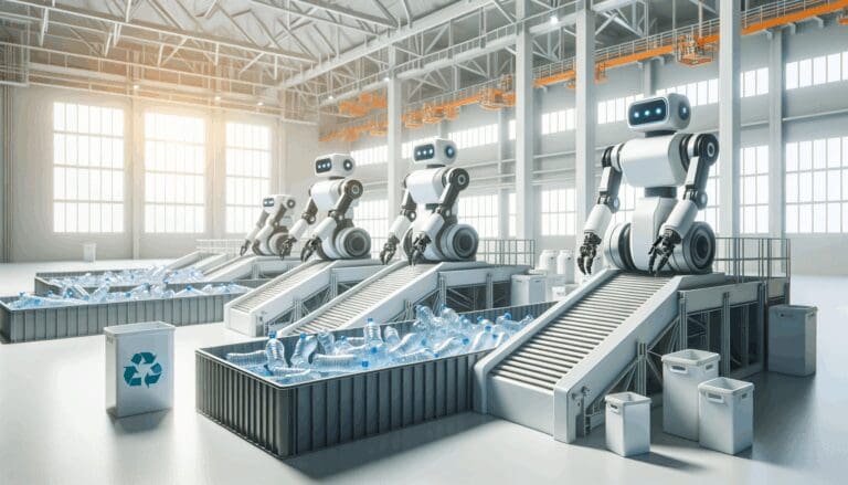 Robots industriales clasificando botellas de plástico en una planta de reciclaje moderna.