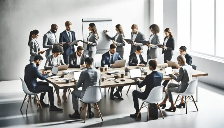 Emprendedores reunidos en una sala moderna con pizarras y laptops trabajando en estrategias.