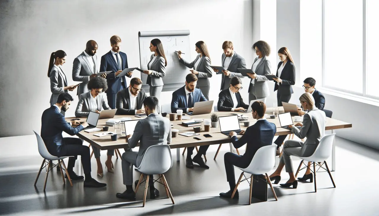 Emprendedores reunidos en una sala moderna con pizarras y laptops trabajando en estrategias.