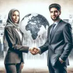 Dos ejecutivos dándose la mano frente a un fondo de ciudad moderna con elementos tecnológicos y de logística.