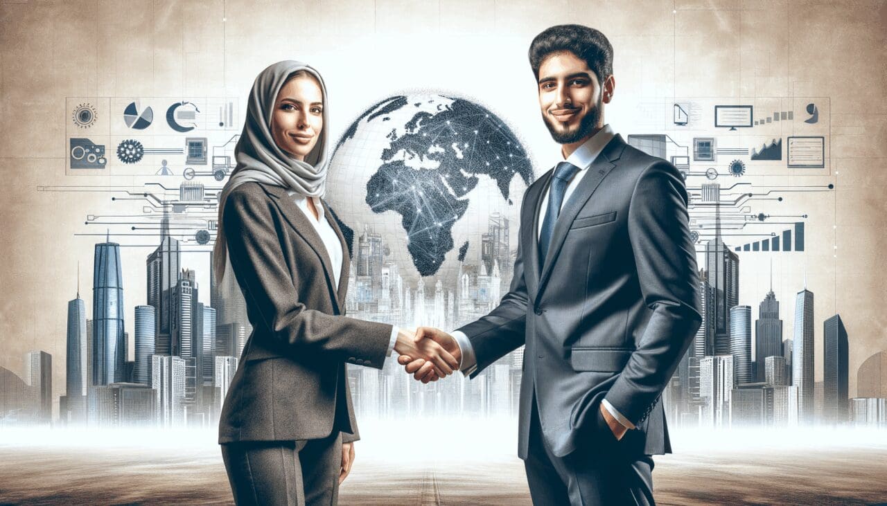 Dos ejecutivos dándose la mano frente a un fondo de ciudad moderna con elementos tecnológicos y de logística.