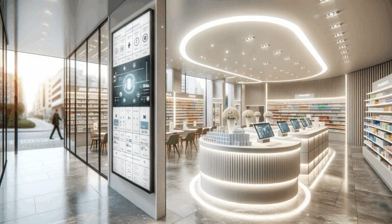 Interior de una farmacia moderna con tecnología digital en exhibición, atención farmacéutica y ambiente urbano brasileño.