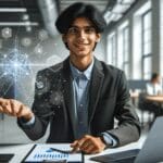 Persona joven trabajando en oficina moderna rodeada de tecnología, espíritu de colaboración e innovación.