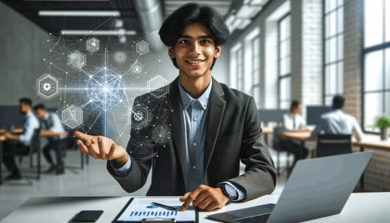 Persona joven trabajando en oficina moderna rodeada de tecnología, espíritu de colaboración e innovación.