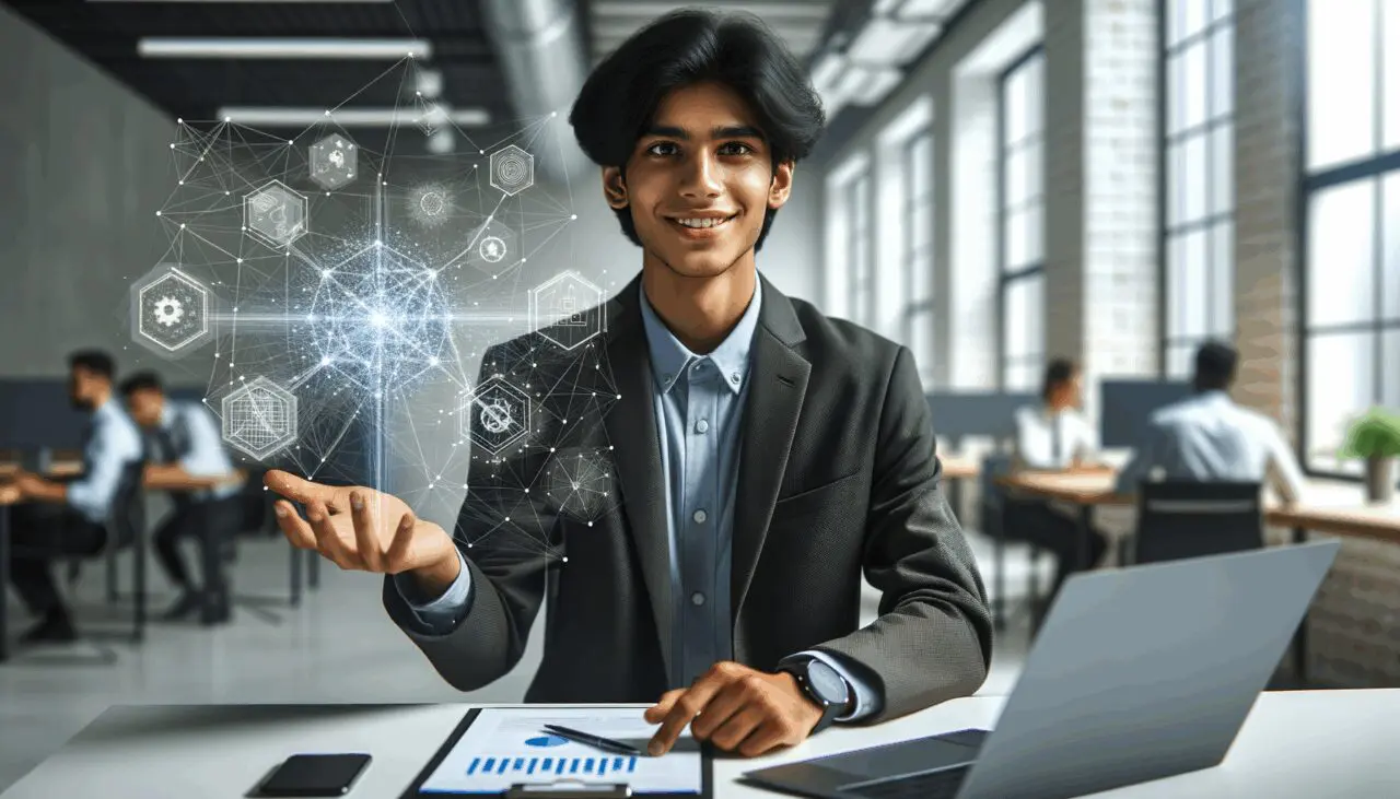 Persona joven trabajando en oficina moderna rodeada de tecnología, espíritu de colaboración e innovación.