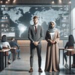 Empresarios jóvenes presentando su proyecto en un moderno auditorio tecnológico, con pantallas digitales y ambiente colaborativo.