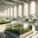 Laboratorio moderno con estanques y tubos de microalgas bajo luz natural, ambiente limpio y tecnología visible.