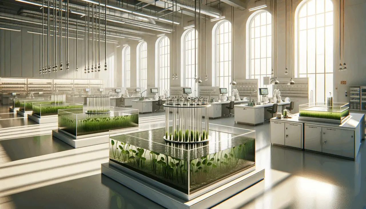 Laboratorio moderno con estanques y tubos de microalgas bajo luz natural, ambiente limpio y tecnología visible.