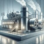 Maquinaria industrial moderna con generadores y vapor, representando energía renovable en ambiente tecnológico.