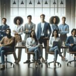 Retrato estilizado de cinco equipos emprendedores trabajando en espacios modernos iluminados, ambiente innovador y profesional.