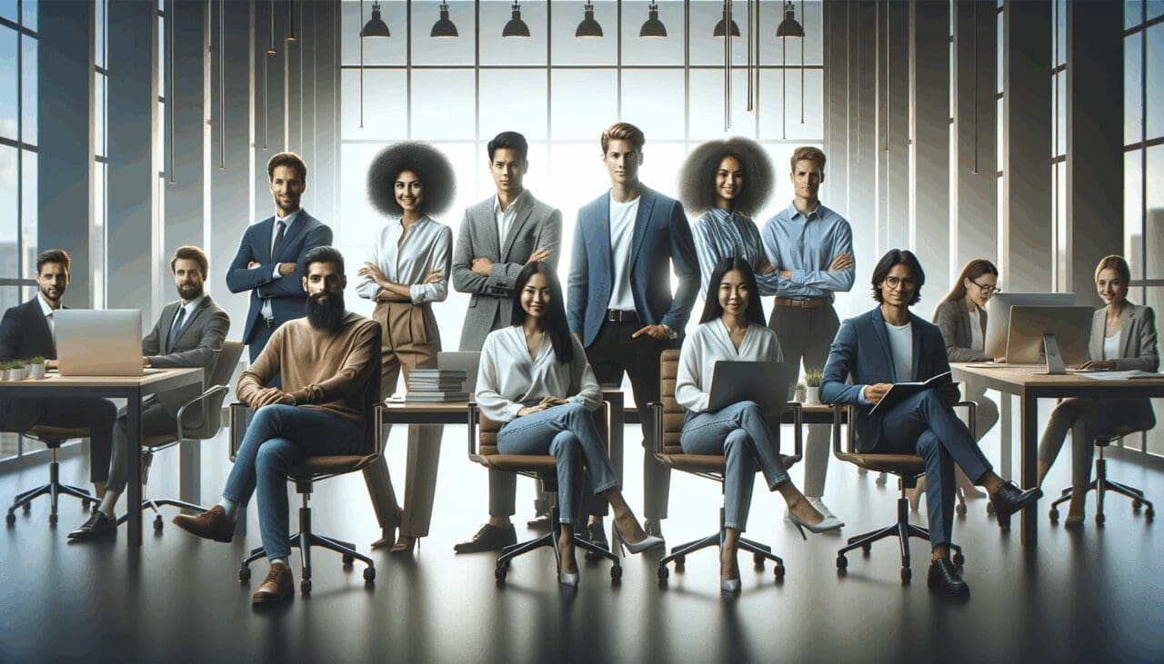 Retrato estilizado de cinco equipos emprendedores trabajando en espacios modernos iluminados, ambiente innovador y profesional.