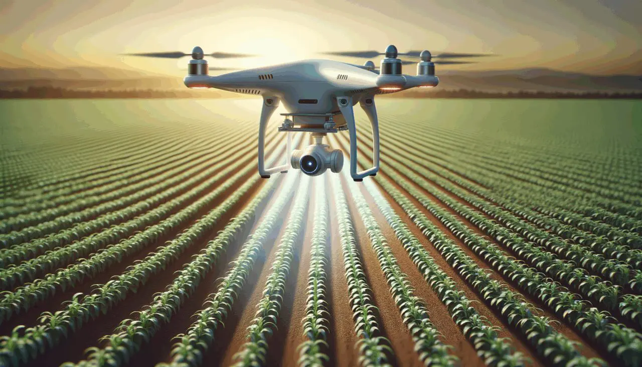 Un dron sobrevolando campos agrícolas mientras analiza los cultivos, con sensores tecnológicos visibles.