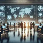 Laboratorio moderno con pantallas digitales y siluetas de científicos observando mapas climáticos futuristas