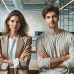 Retrato limpio y profesional de dos fundadores en una oficina de coworking moderna, con fondo tecnológico sutil.