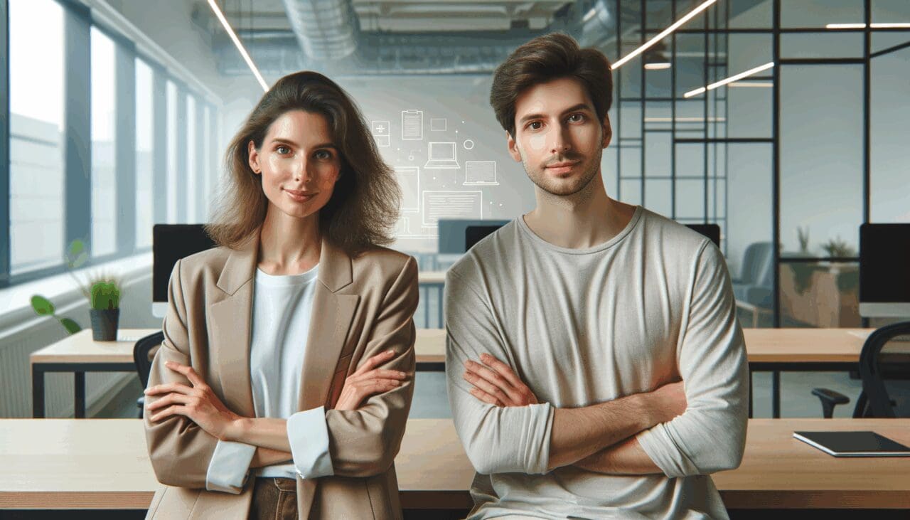 Retrato limpio y profesional de dos fundadores en una oficina de coworking moderna, con fondo tecnológico sutil.