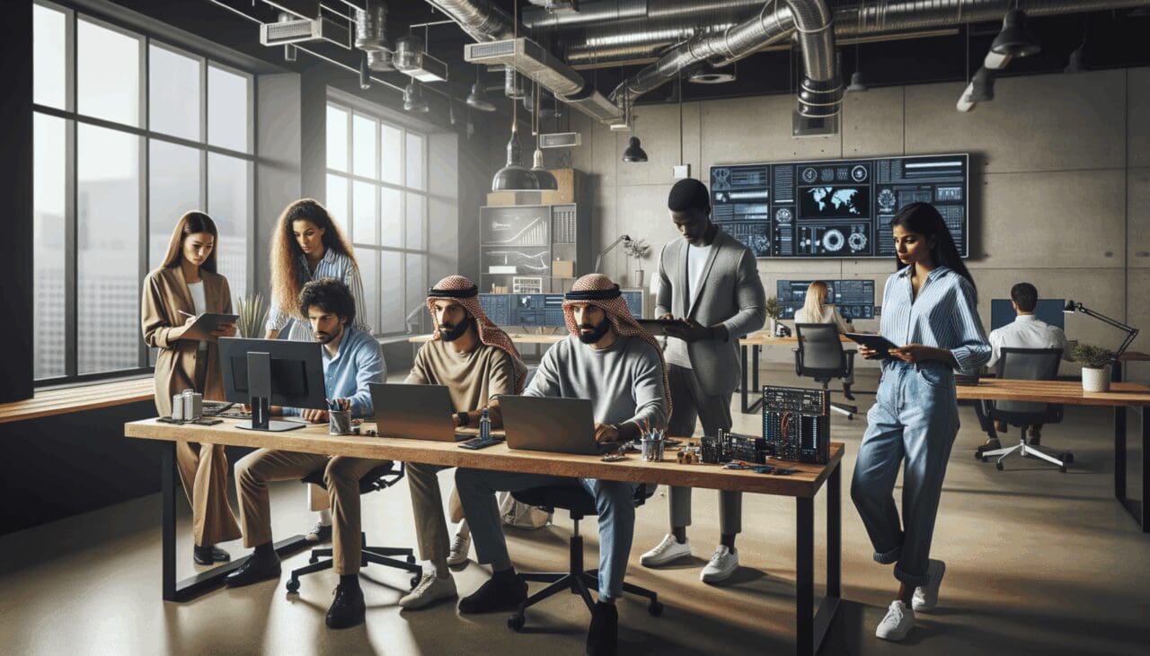 Grupo diverso de jóvenes profesionales trabajando juntos en un espacio de coworking moderno con pantallas y dispositivos tecnológicos.