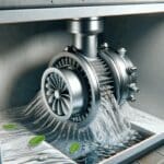 Primer plano de una microturbina doméstica instalada bajo un fregadero moderno, con flujo de agua visible y fondo neutro.