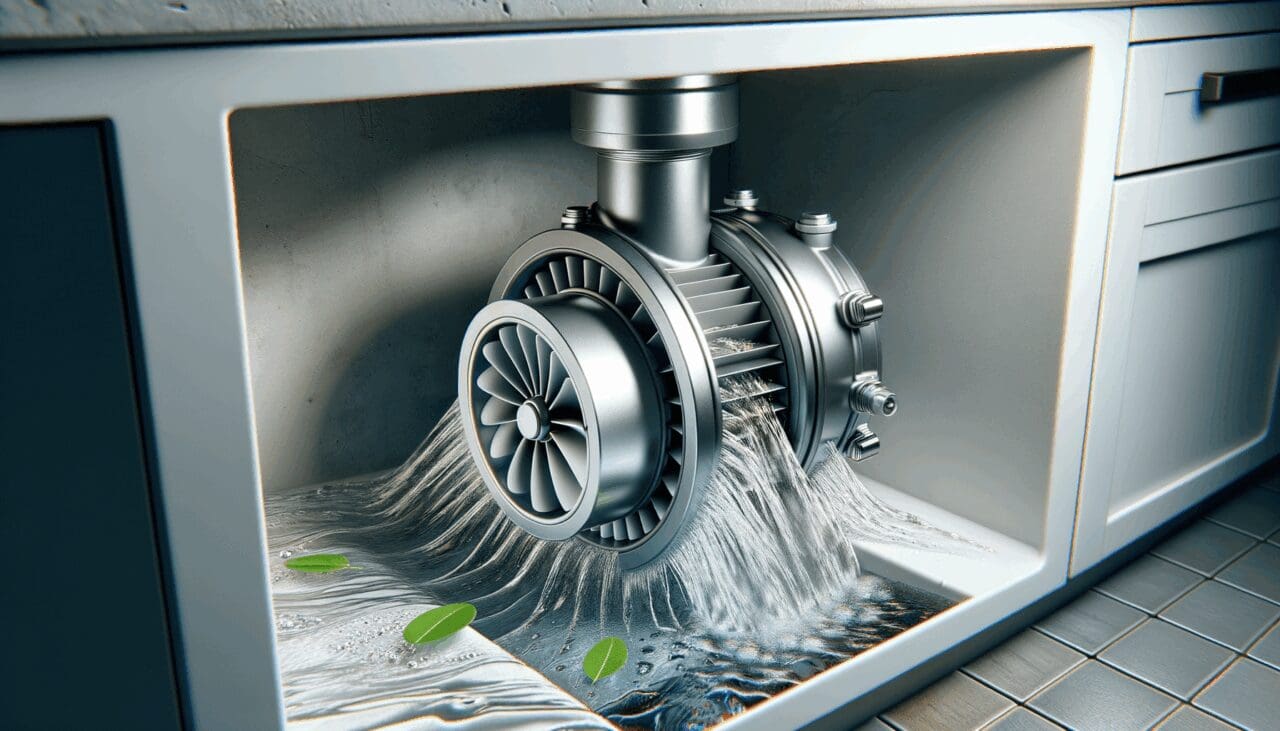 Primer plano de una microturbina doméstica instalada bajo un fregadero moderno, con flujo de agua visible y fondo neutro.