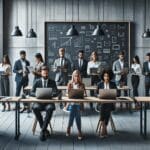 Emprendedores trabajando en laptops frente a una pizarra digital en una oficina moderna.